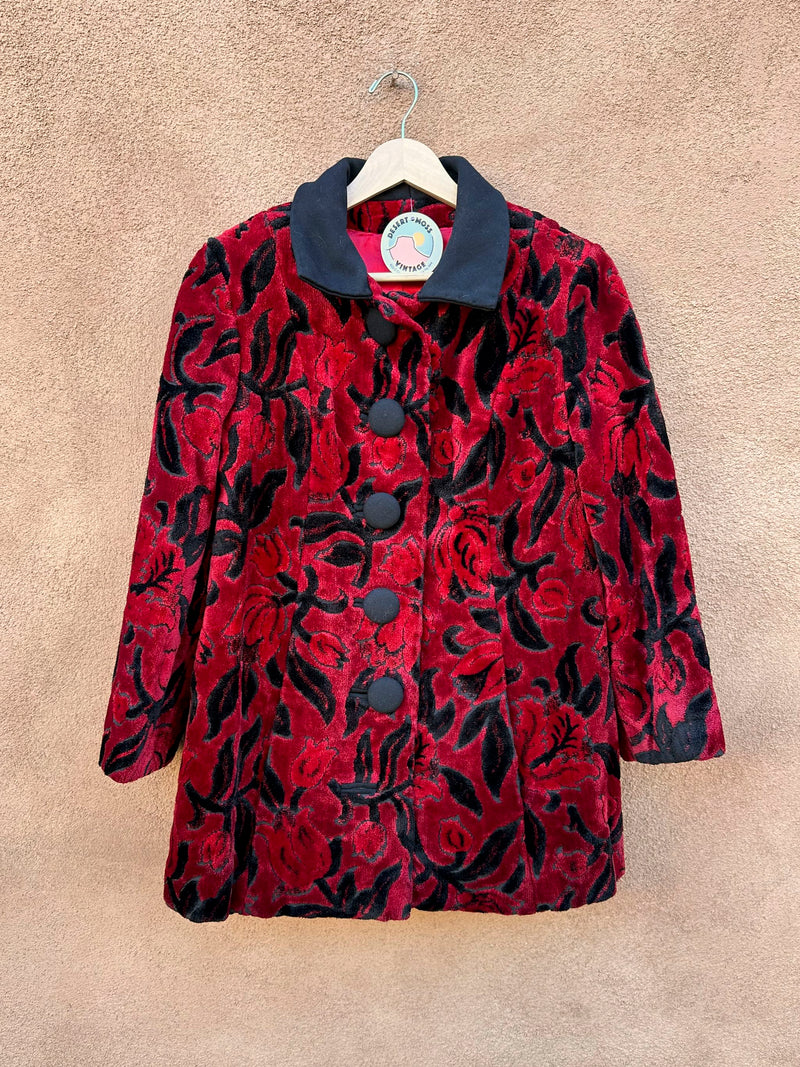 1960's Red & Black Carpet Coat with Floral Design