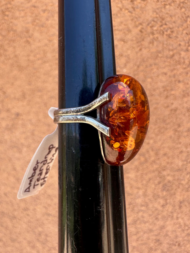 Amber Teardrop Sterling Silver Ring