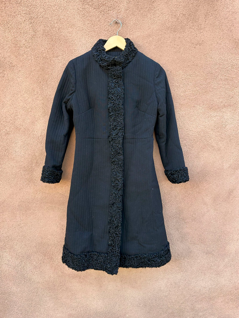 60's Era Black Coat with Mongolian Fur Trim