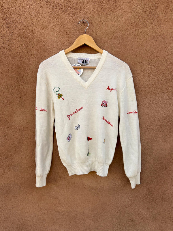 Embroidered V-neck Golf Sweater - 1980's