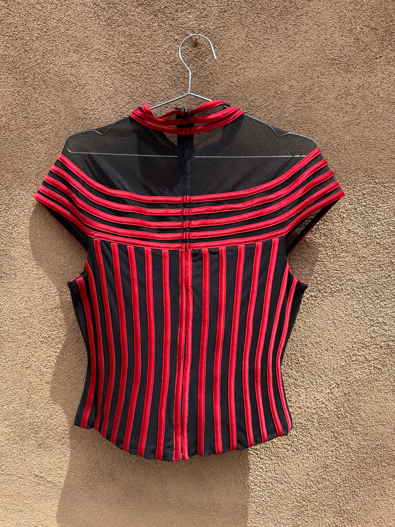 Red Satin Stripe and Black Sheer Blouse