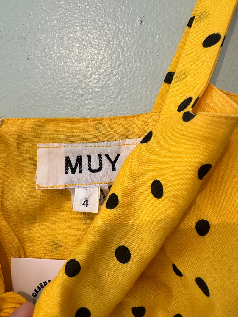 Yellow with Black Polka Dots Strappy Dress - 4