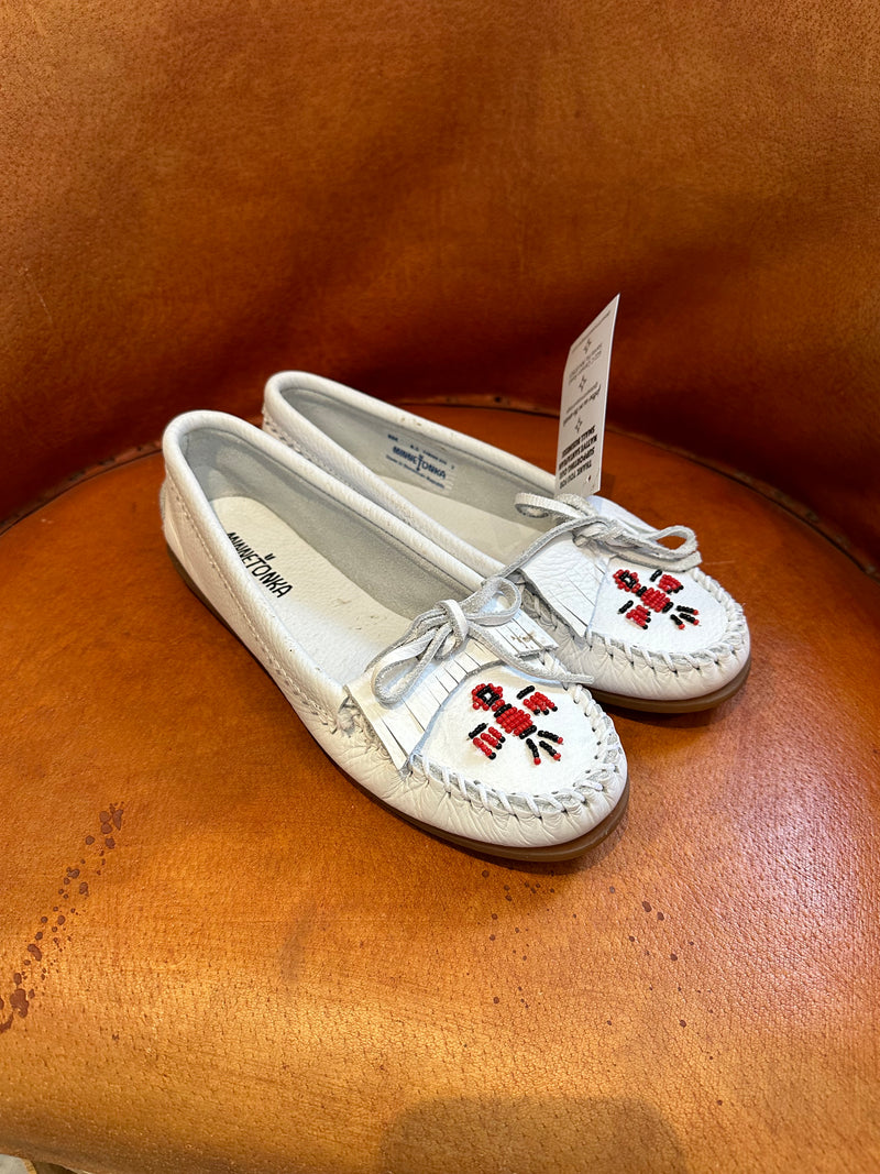 White Leather Moccasins w/Red Thunderbird 8.5