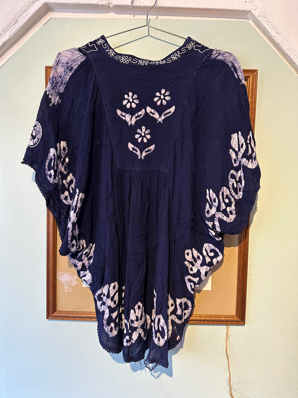 Small Shibori and Embroidery Viscose Poncho - As is