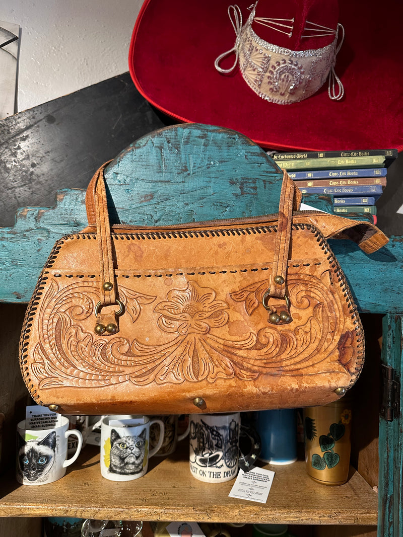 Large Hand Tooled Leather Purse, Floral and Filigree - as is