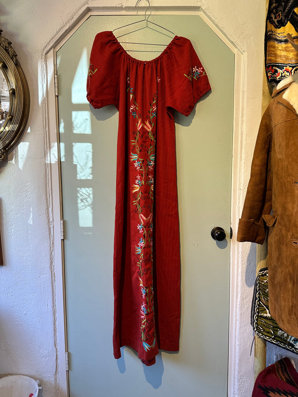 Rust Maxi Dress with Floral Embroidery